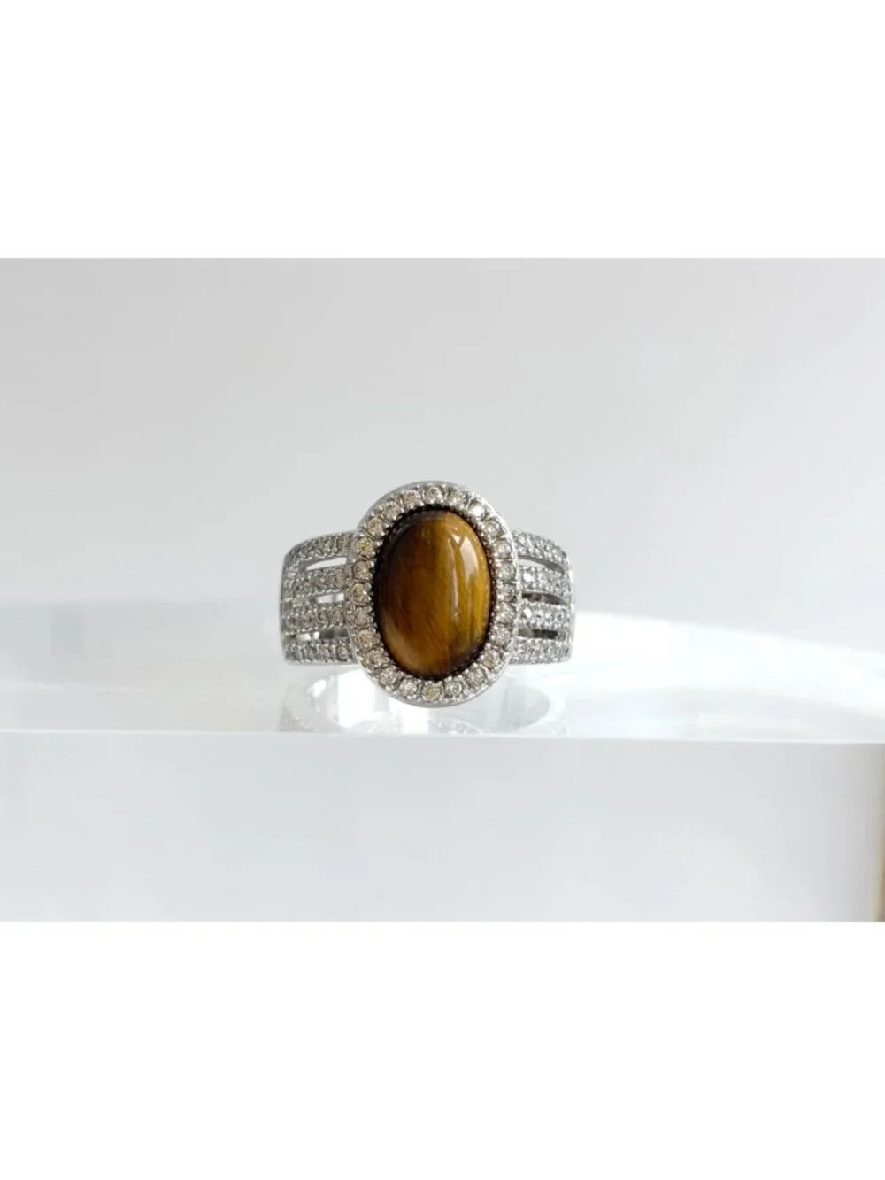 Genuine Tiger's Eye Gemstone Open Shank Sterling Silver 925 Vintage Ring - sz 8